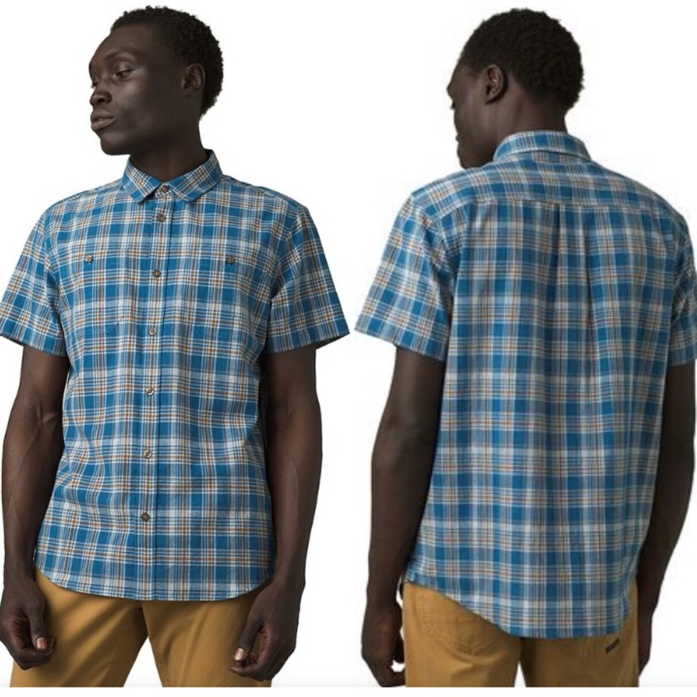 Prana Watchman Organic Cotton Short Sleeve Button Down‎ Shirt Plaid Blue medium